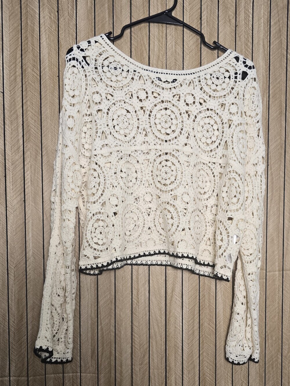 Zara Cream Crochet Lace Long-Sleeve Tunic with Black Trim